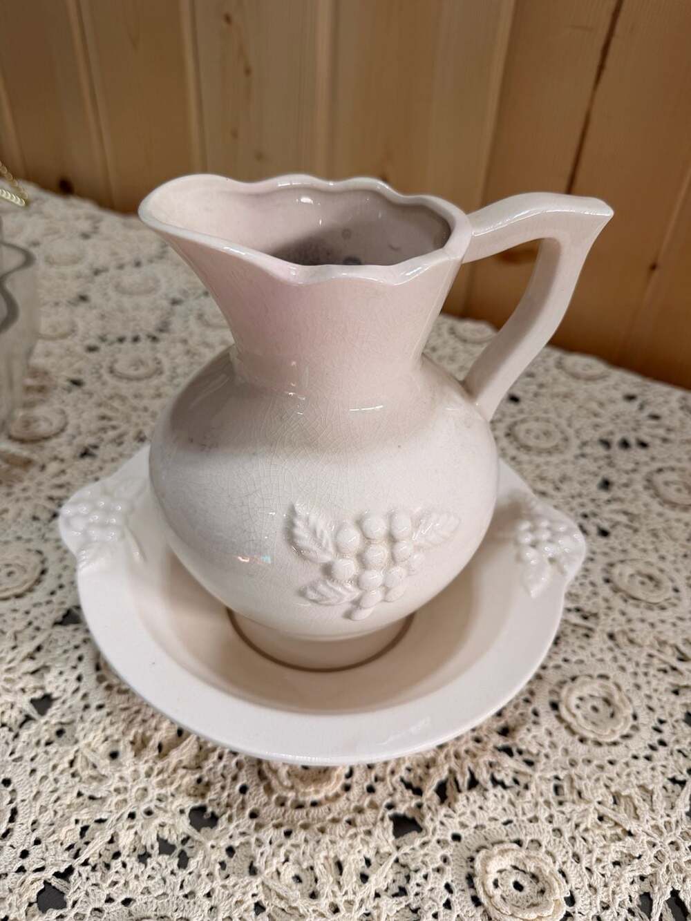 Vintage Lefton's Small White Pitcher and Bowl Set with Grape Motif